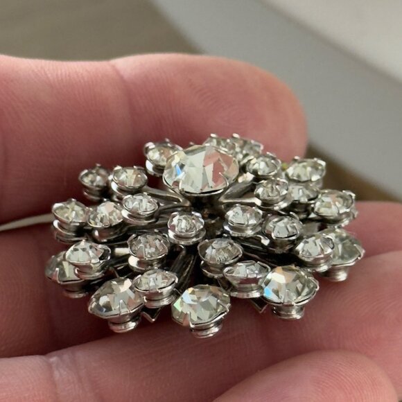 Vintage Rhinestone Clear Dome Tiered Brooch Pin Silver-Tone Round Crystal - Picture 7 of 11